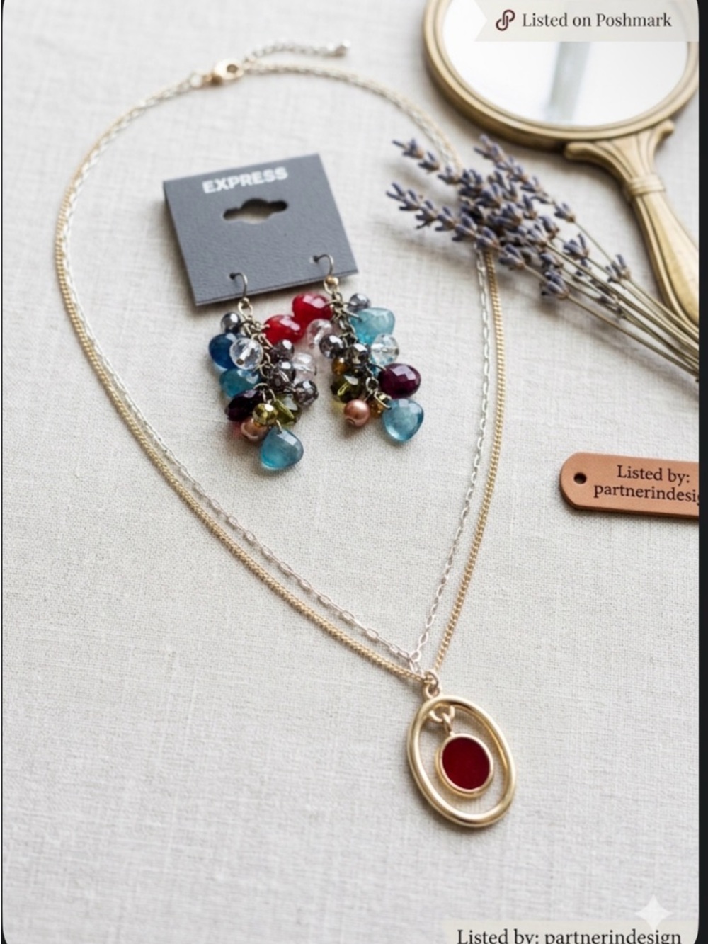 New Red and Silver-Tone Oval Pendant double chain Necklace and Express Earning